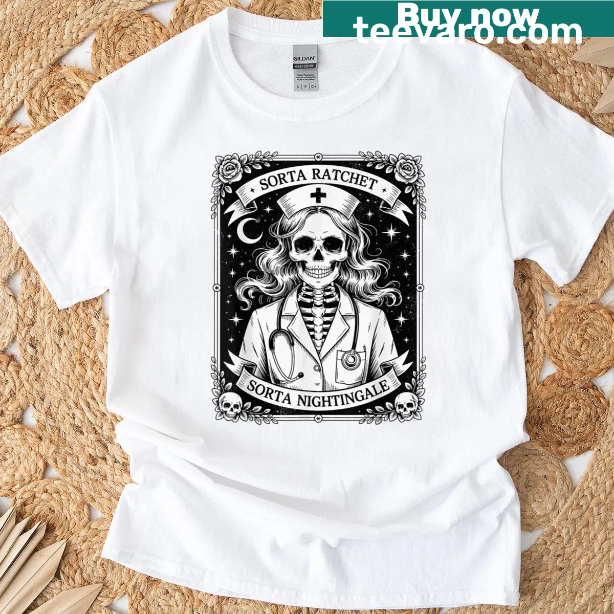 Funny Halloween T-shirt featuring nurse-themed tarot card design — on a men's t-shirt