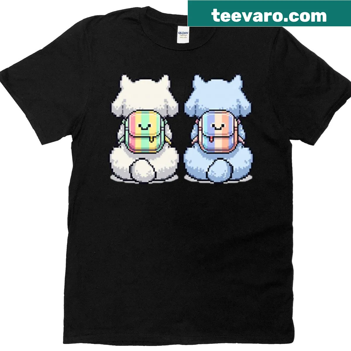 Pixelated puppy graphic t-shirt featuring various cartoon puppies — on a men's t-shirt