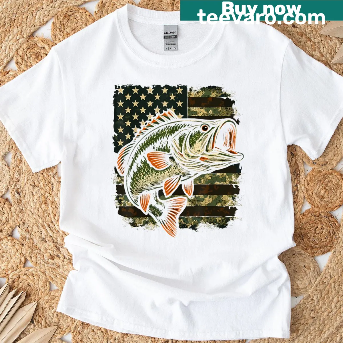 Largemouth bass illustration on a patriotic t-shirt with American flag — on a men's t-shirt