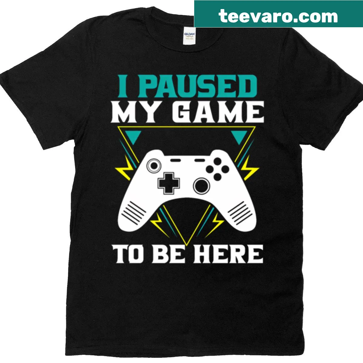 Cartoon-style T-shirt with 'Paused My Game' graphic — on a men's t-shirt