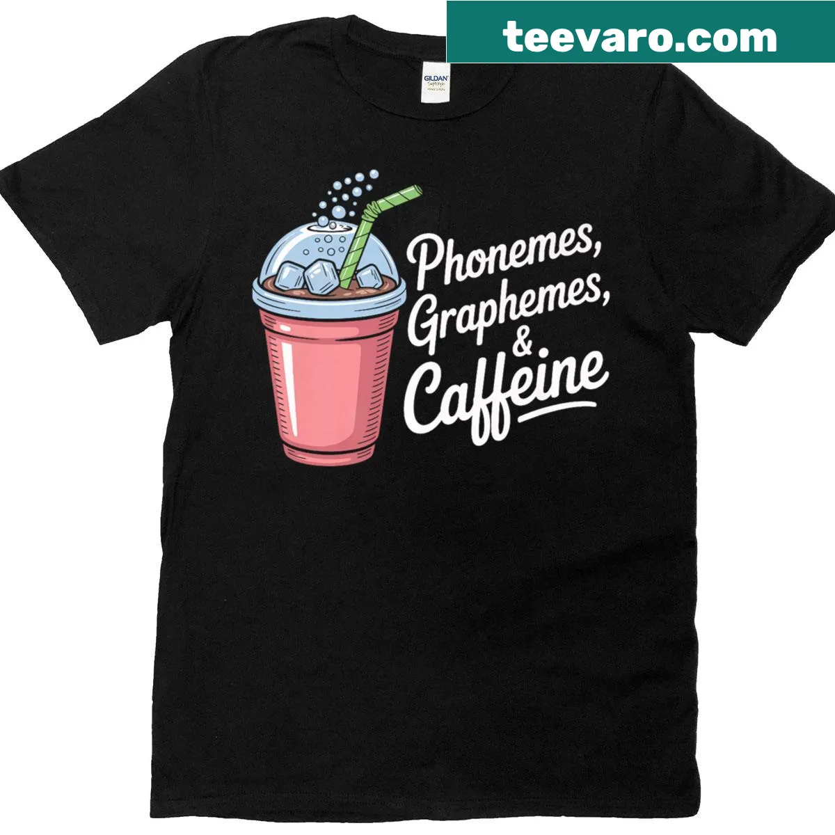 T-shirt for teachers with phonemes, graphemes, and caffeine text — on a men's t-shirt