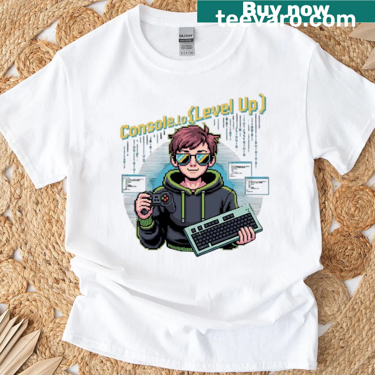 Illustrated T-shirt with pixel art saying 'Level Up' for gamers — on a men's t-shirt