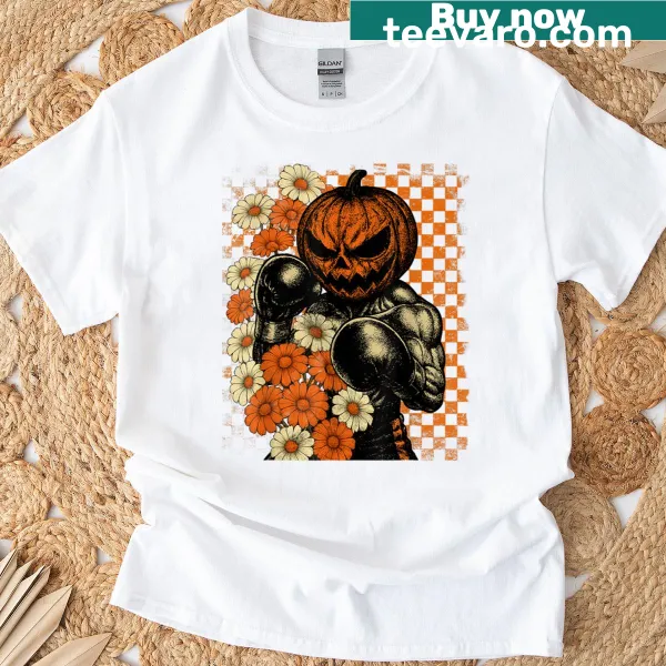 Vintage Halloween t-shirt featuring a pumpkin boxer and scary flowers