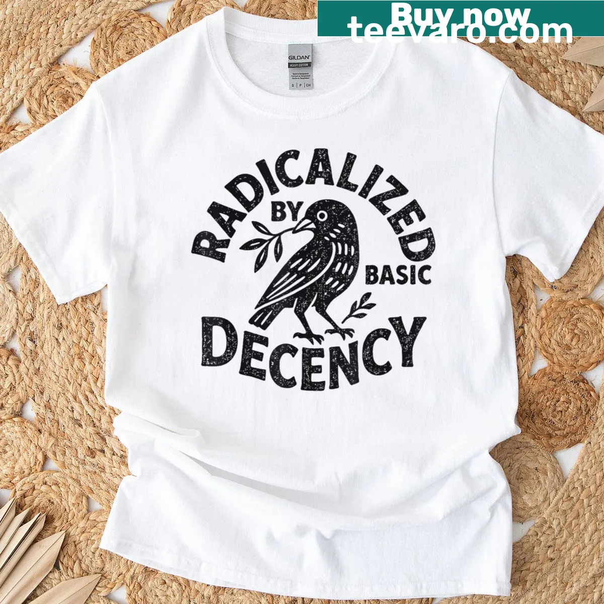 Funny political T-shirt with 'Radicalized By Basic Decency' text — on a men's t-shirt