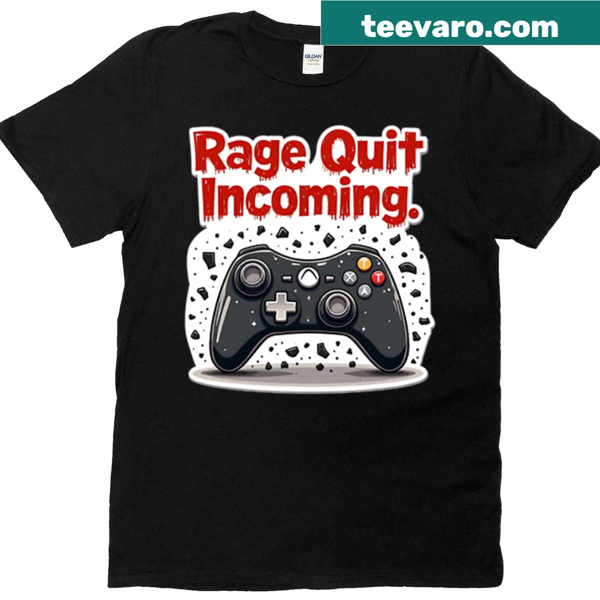 Bold 'Rage Quit' badge emblem on a T-shirt for hardcore gamers — on a men's t-shirt