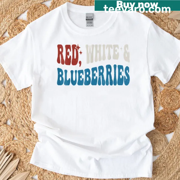 Retro-style patriotic T-shirt featuring groovy design of red, white, and blueberries