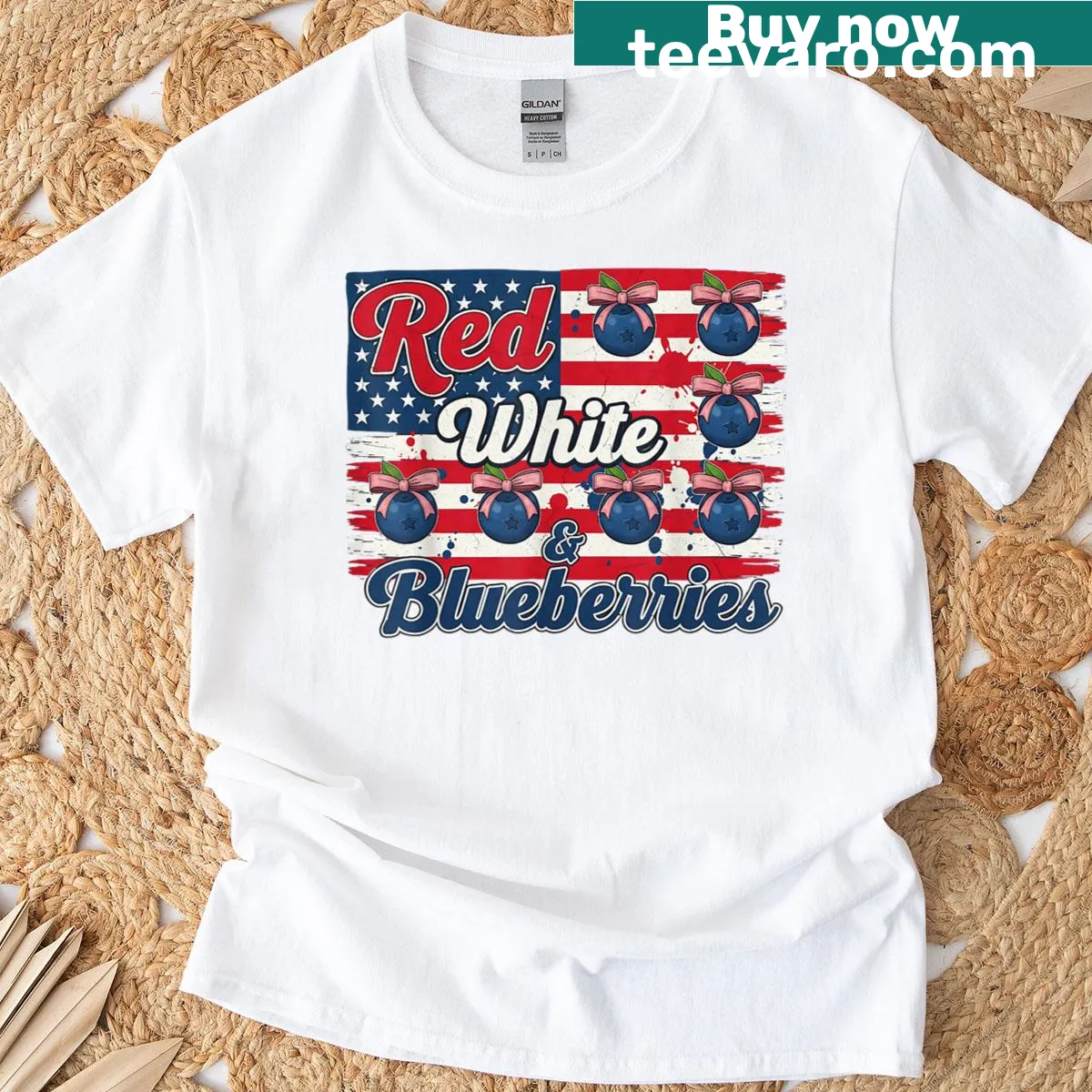 Vintage patriotic USA flag T-shirt with blueberries — on a men's t-shirt