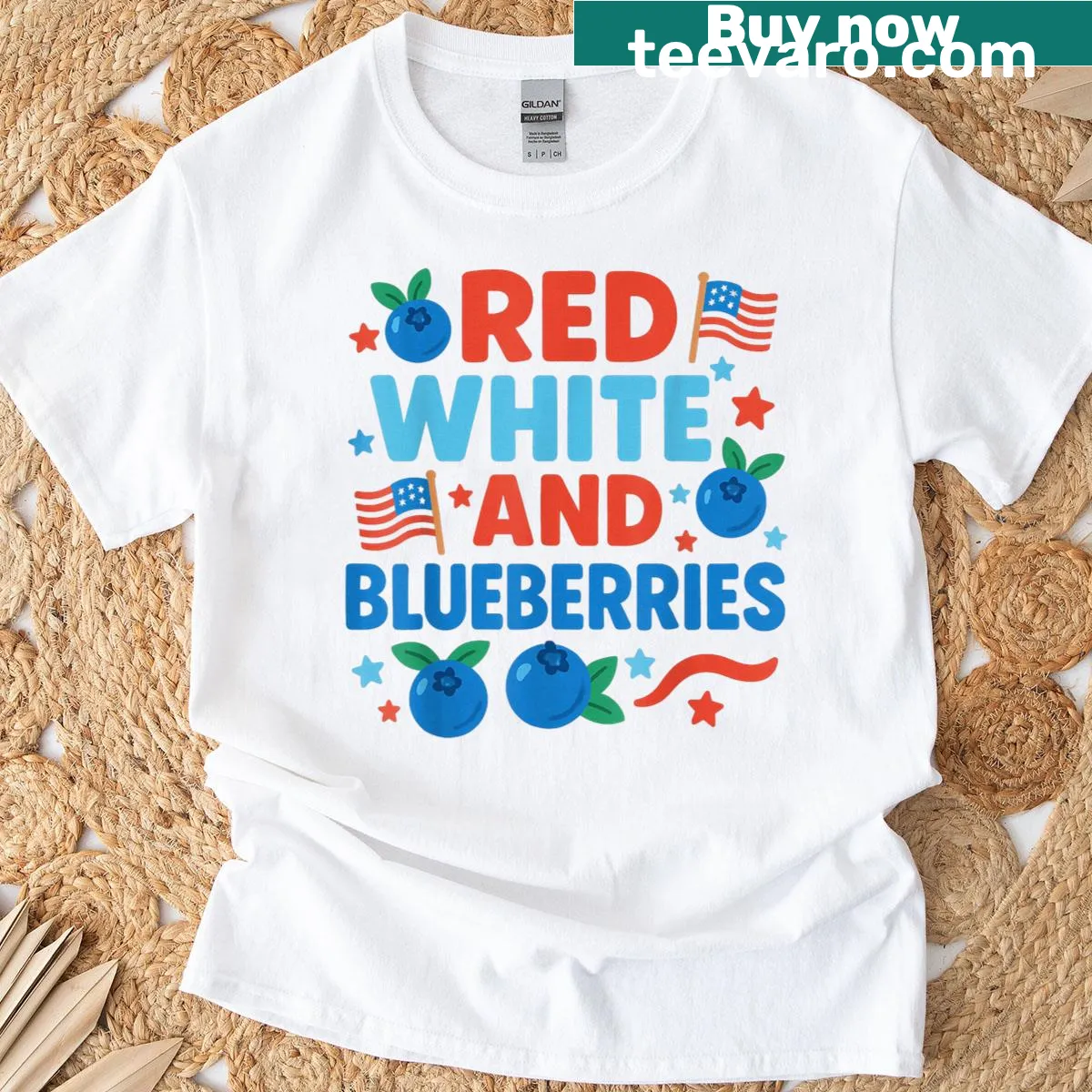 Whimsical t-shirt with a coquette flag bow and blueberry design — on a men's t-shirt