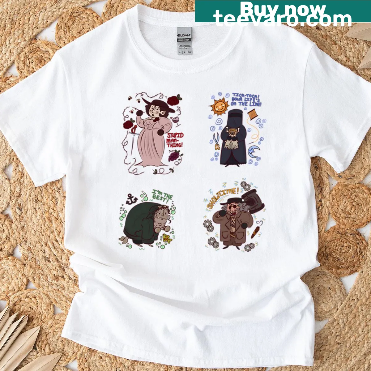 Illustrated T-shirt featuring The Four Lords from Resident Evil Village — on a men's t-shirt