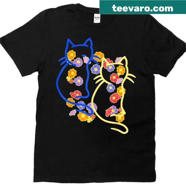 Vintage style T-shirt featuring playful cats and flowers