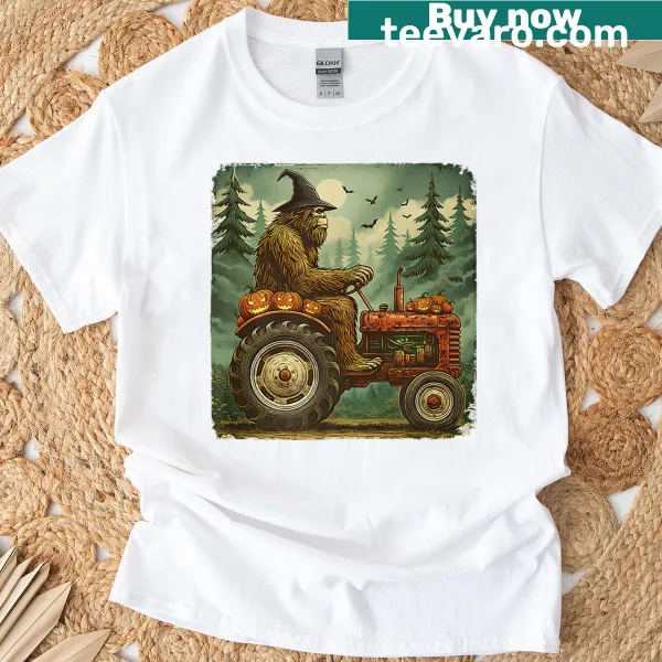 Cartoon t-shirt featuring a farmer dad with pumpkins for Halloween