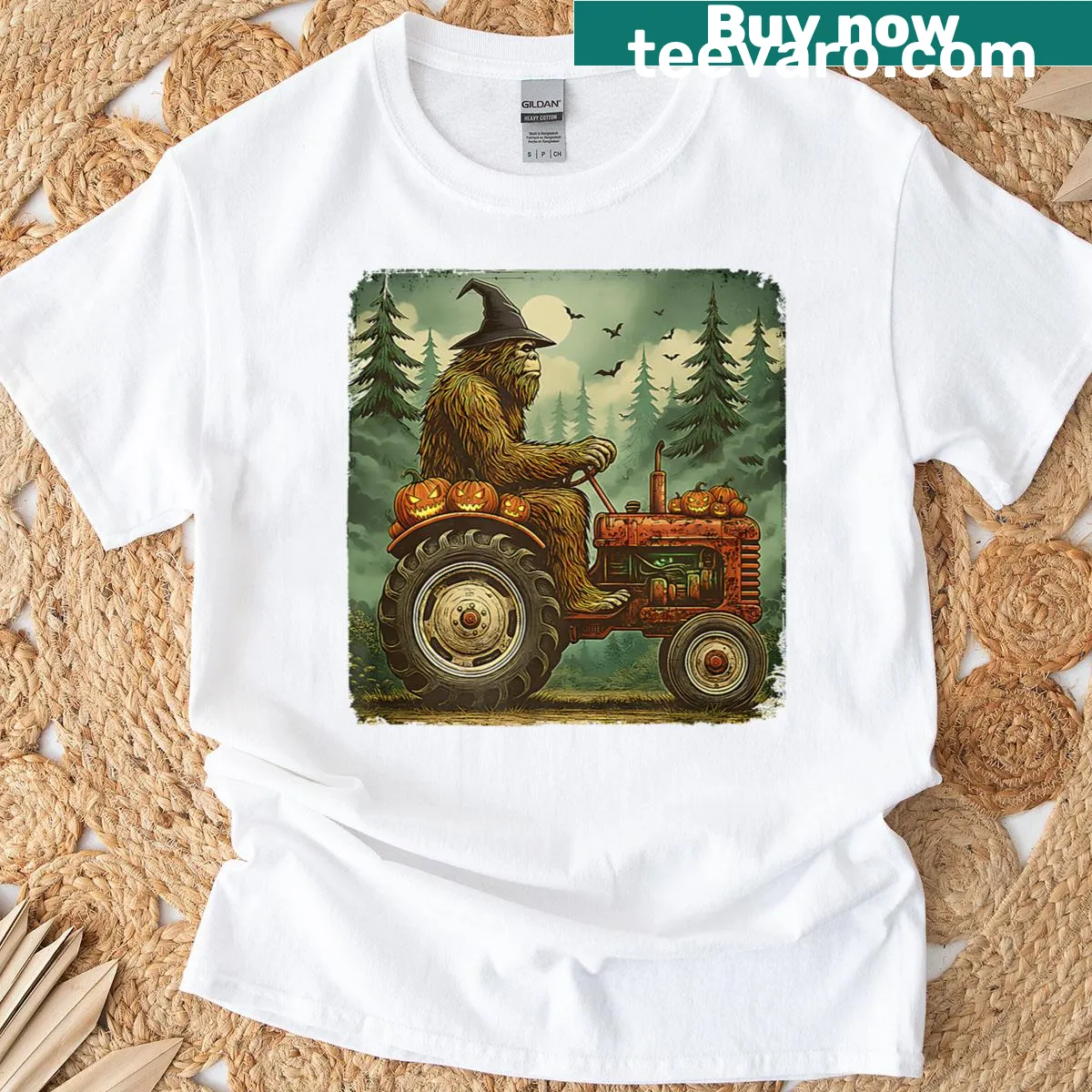 Cartoon t-shirt featuring a farmer dad with pumpkins for Halloween — on a men's t-shirt