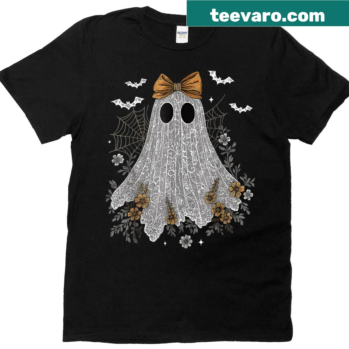 Charming Halloween T-shirt with a lace ghost and floral design. — on a men's t-shirt