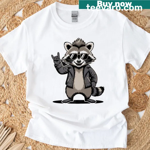 Funny raccoon graphic in rock music design t-shirt