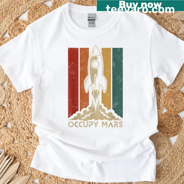 Vintage rocket T-shirt with 'Occupy Mars' space graphic