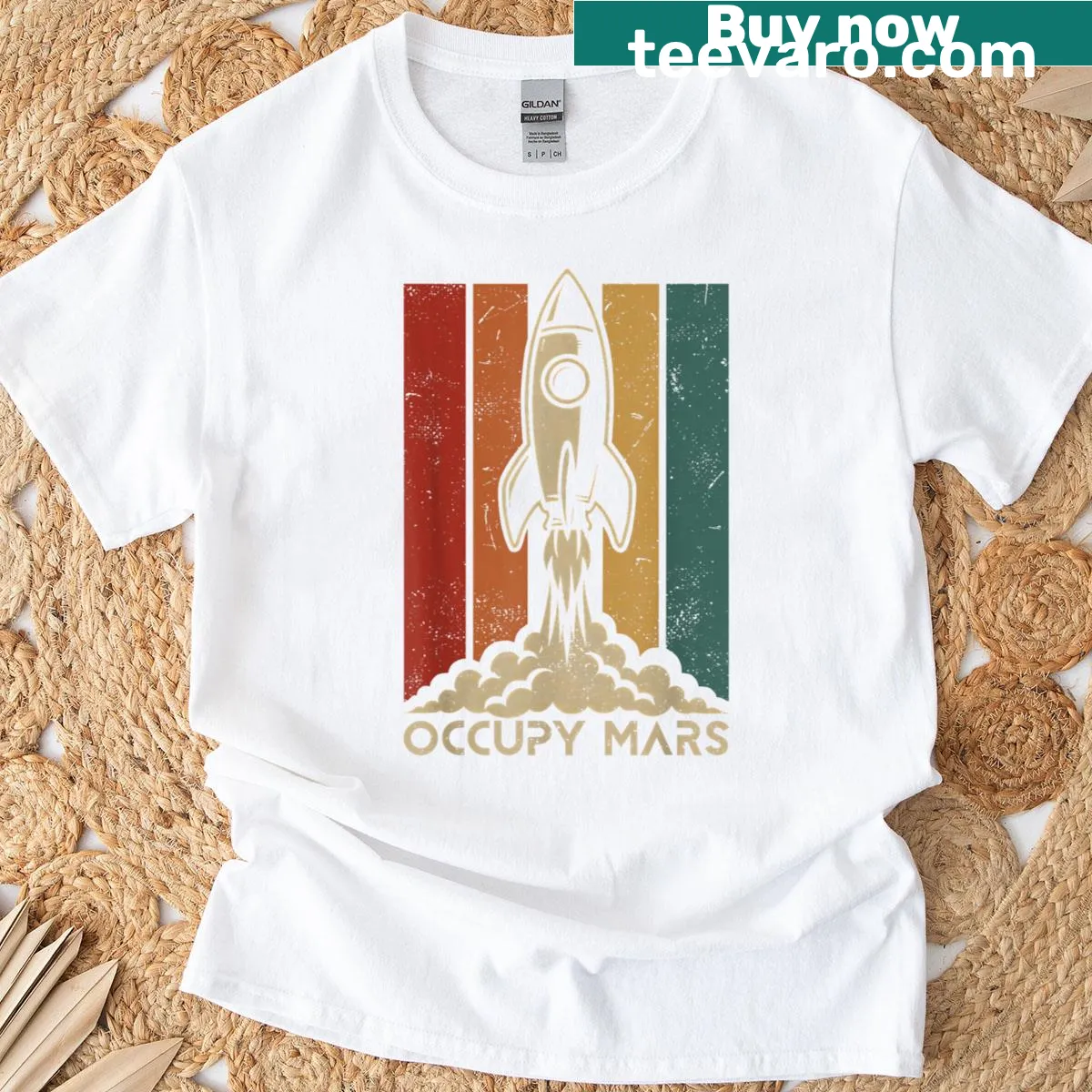 Vintage rocket T-shirt with 'Occupy Mars' space graphic — on a men's t-shirt