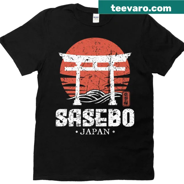 Vintage style Sasebo Japan T-shirt featuring a Torii gate and Kanji