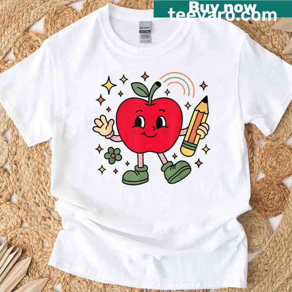 Cute t-shirt featuring a smiling apple and teacher's pencil design