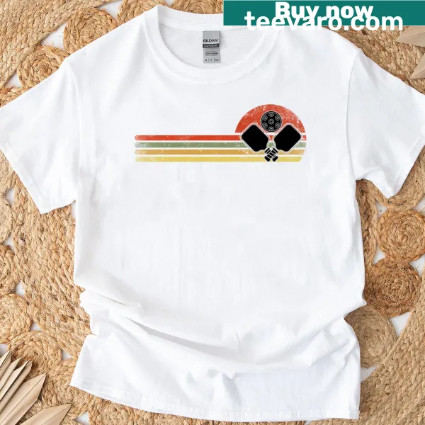 Retro-style T-shirt featuring a vintage pickleball player graphic