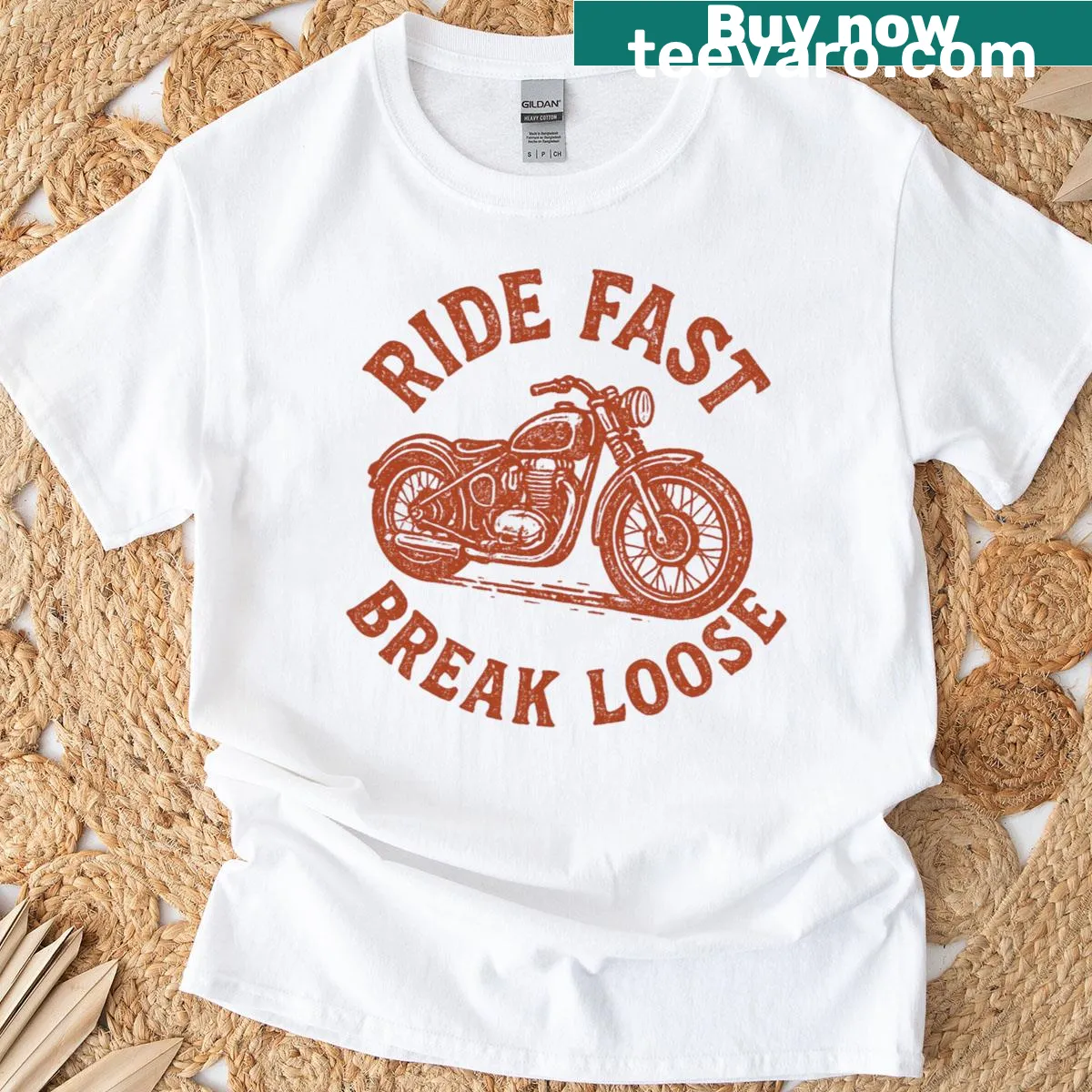 Vintage motorcycle T-shirt with bold text "Ride Fast Break Loose." — on a men's t-shirt
