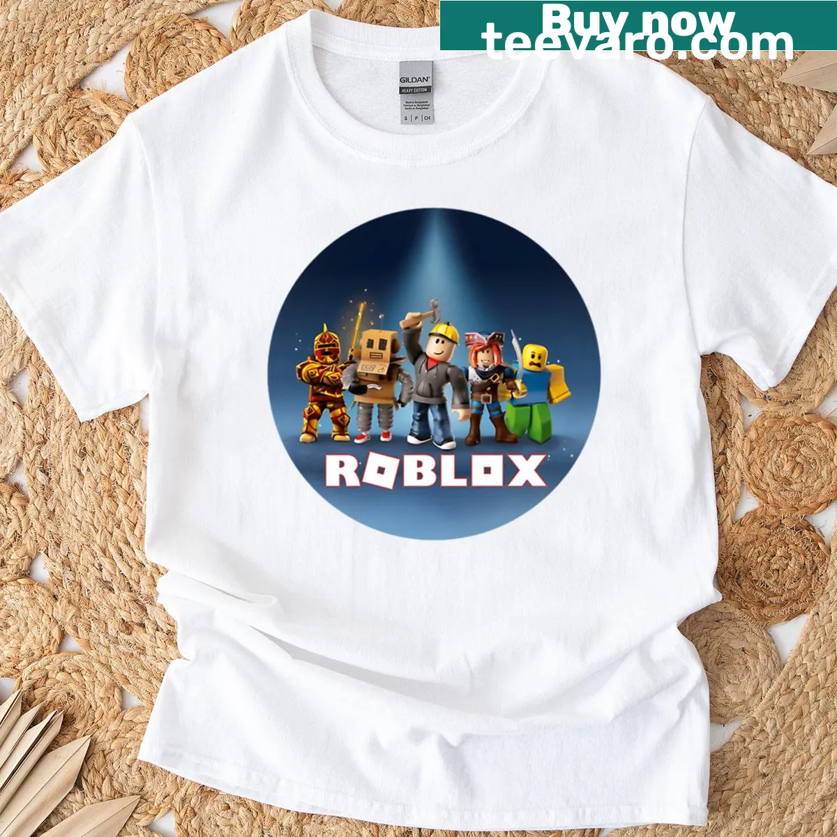 Graphic T-shirt featuring various Roblox characters in action poses — on a men's t-shirt