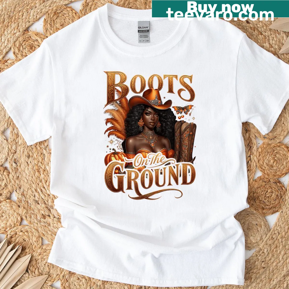 Illustrated T-shirt featuring a cowgirl with western boots — on a men's t-shirt