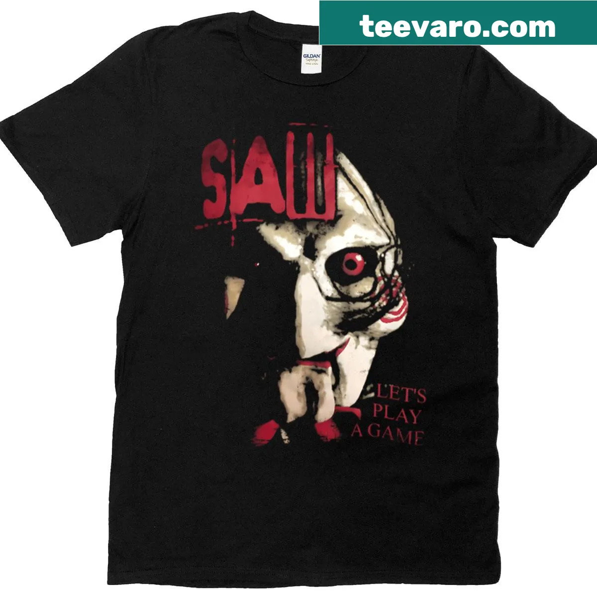 Saw X T-shirt with bold text 'Lets Play A Game' — on a men's t-shirt