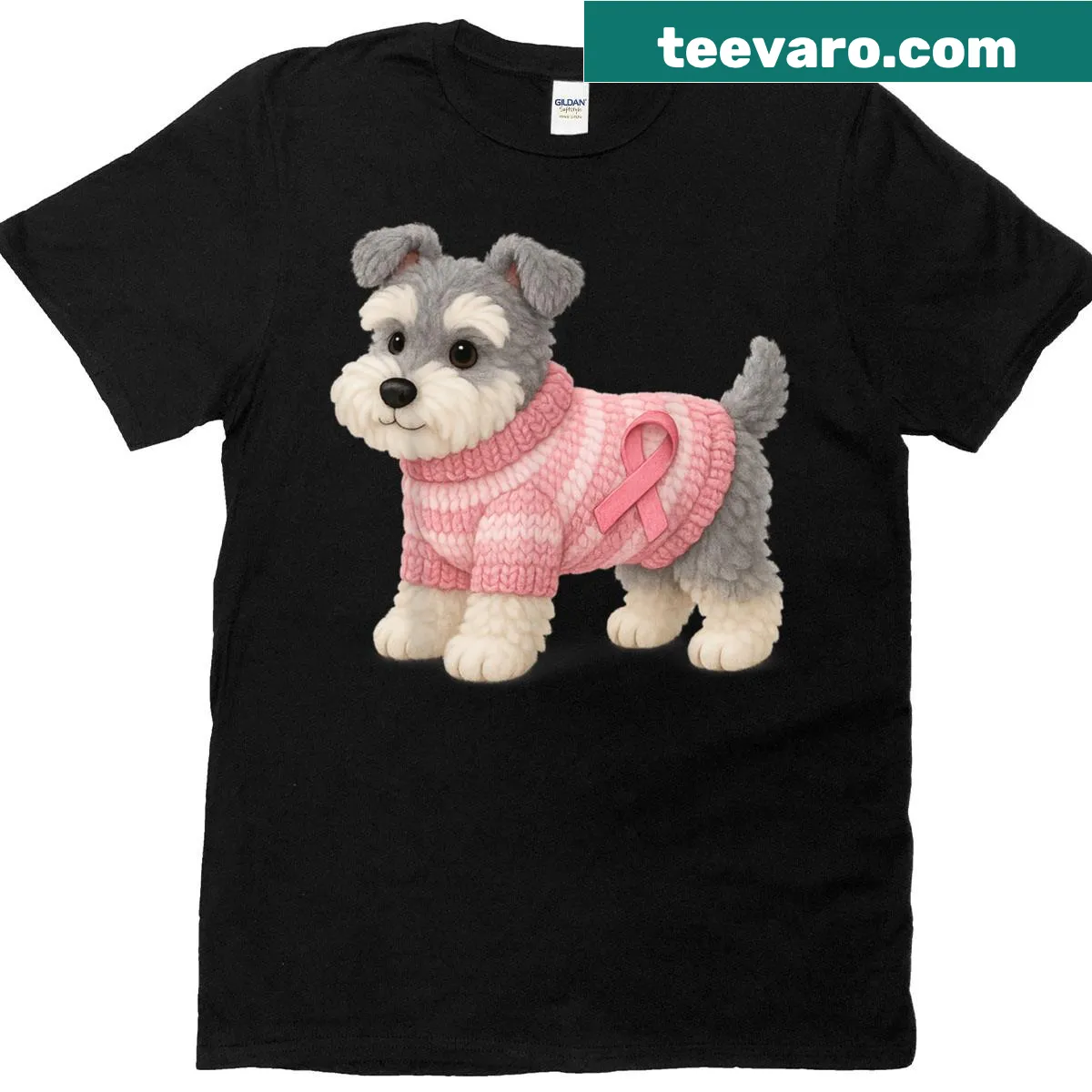 Schnauzer dog design with pink ribbon pattern for breast cancer awareness — on a men's t-shirt