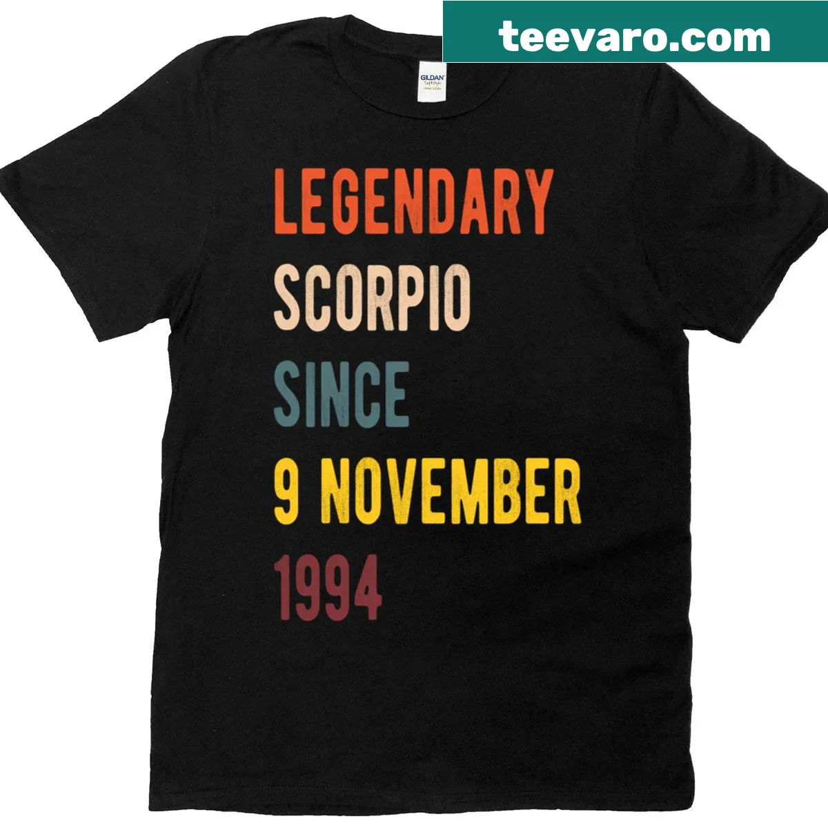 Vintage retro t-shirt celebrating Scorpio legend since November 9, 1994 — on a men's t-shirt