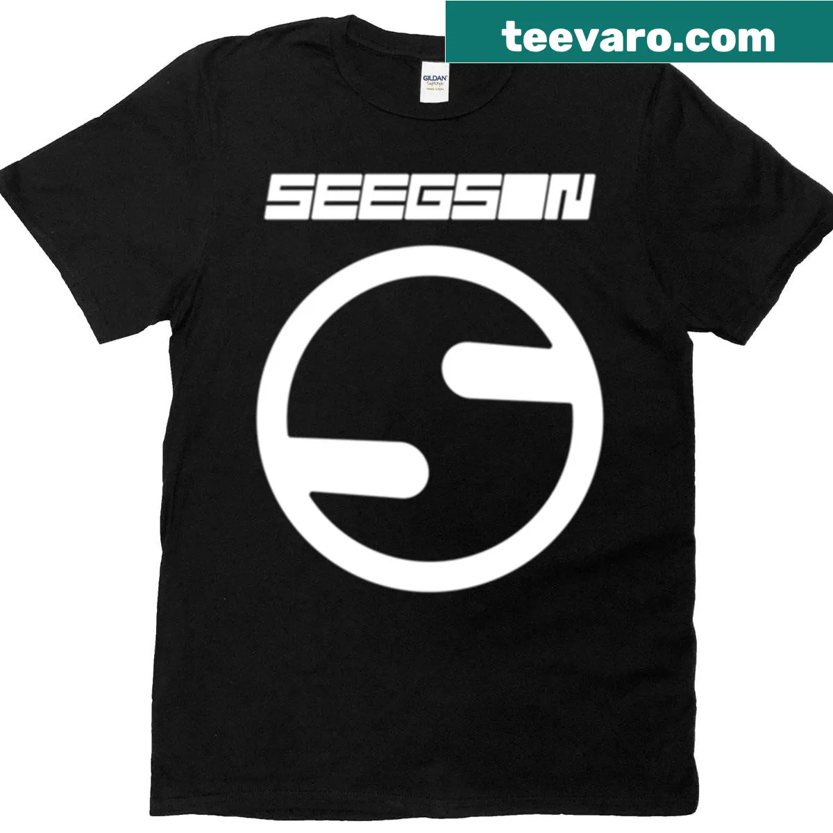 Minimalist graphic t-shirt featuring Seegson logo — on a men's t-shirt