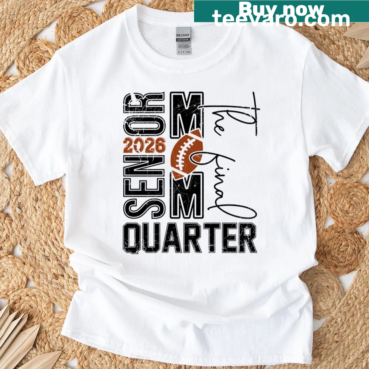Senior Football Mom t-shirt with graduation and final quarter design — on a men's t-shirt