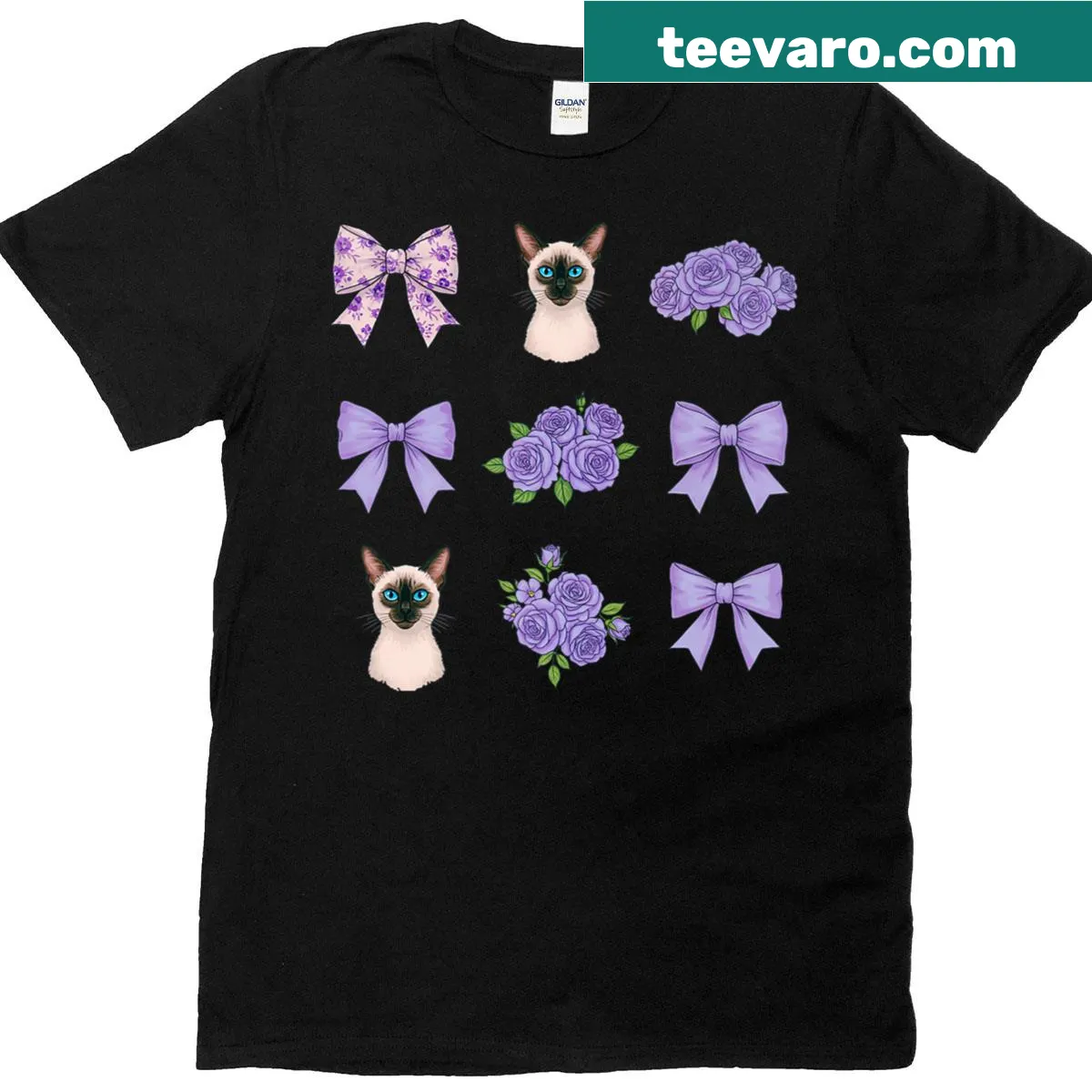 Charming Siamese cat toile pattern with lavender bows and roses — on a men's t-shirt