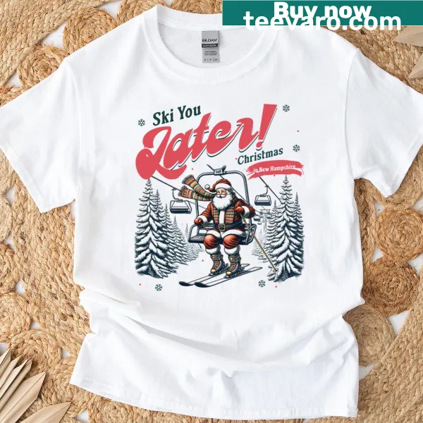 Whimsical ski holiday T-shirt design celebrating skiing in New Hampshire