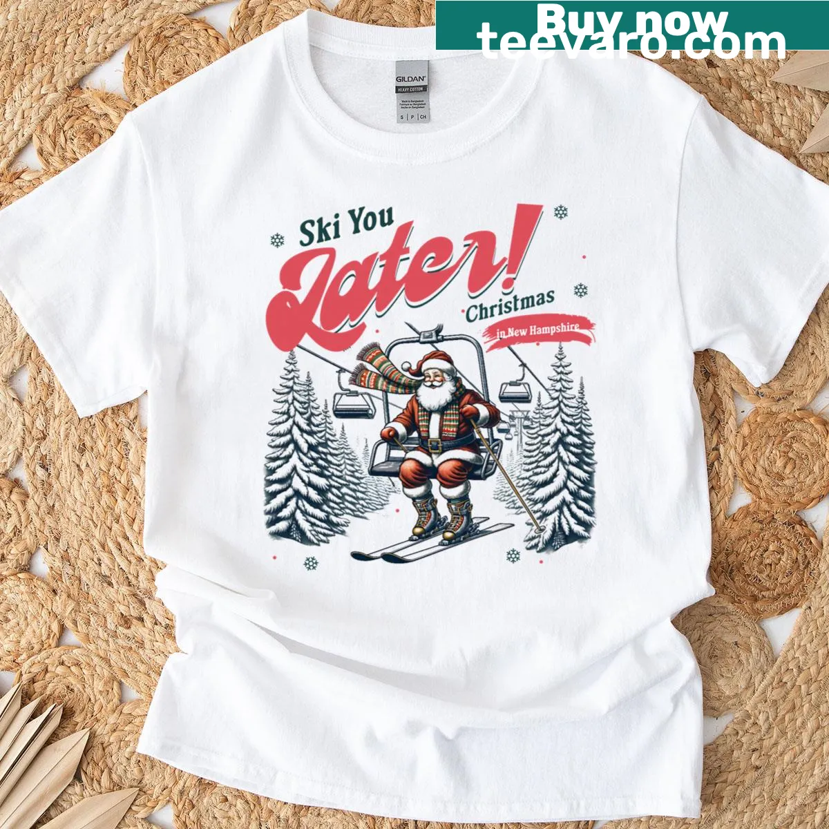 Whimsical ski holiday T-shirt design celebrating skiing in New Hampshire — on a men's t-shirt
