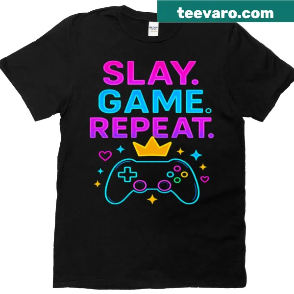 Slay Game Repeat T-shirt with humorous gaming typography