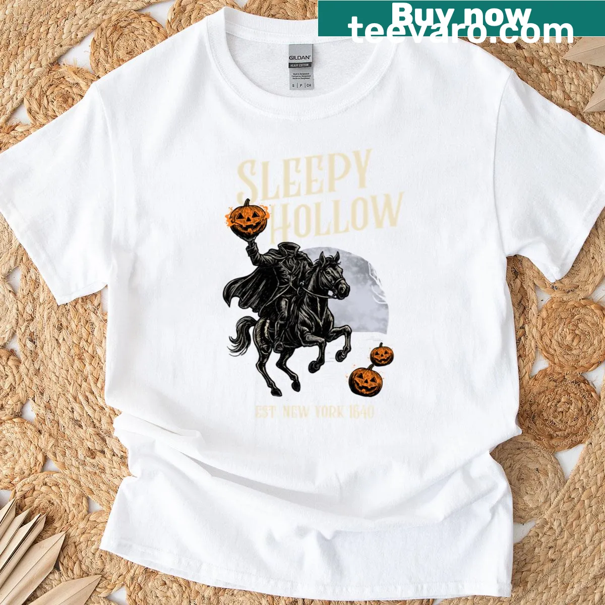 Halloween themed t-shirt featuring a headless pumpkin design — on a men's t-shirt