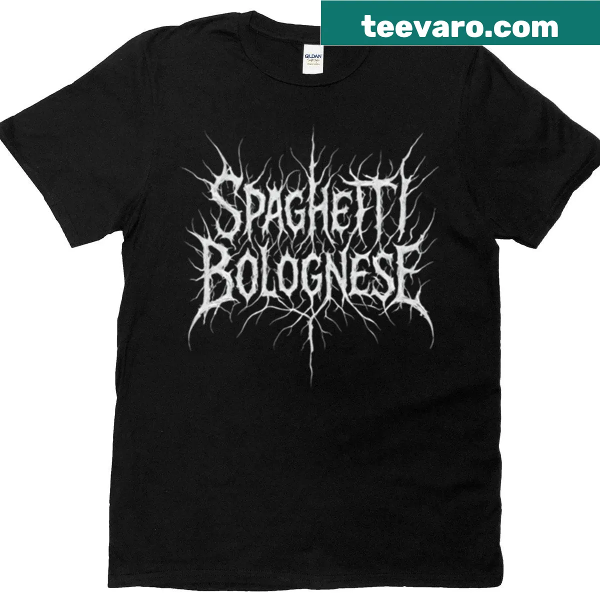 Black metal logo featuring spaghetti bolognese graphic — on a men's t-shirt