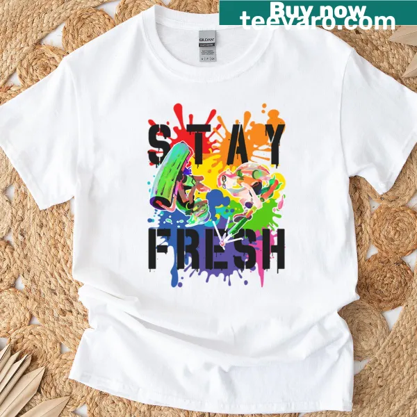 Colorful Splatoon-themed T-shirt with rainbow paint splat graphic