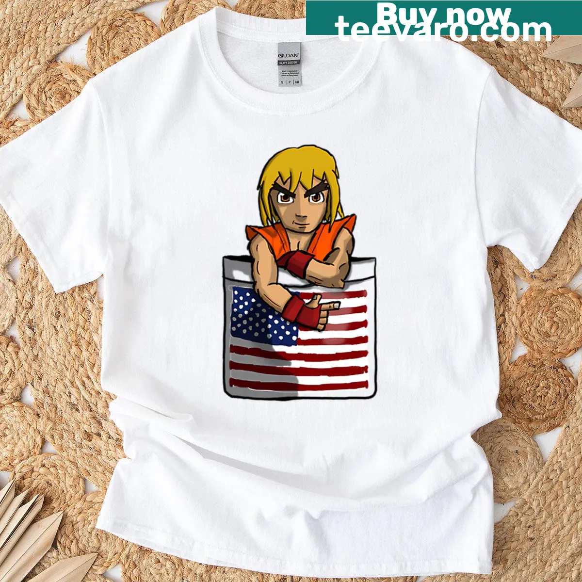 Cartoon graphic of Ken from Street Fighter on a T-shirt — on a men's t-shirt