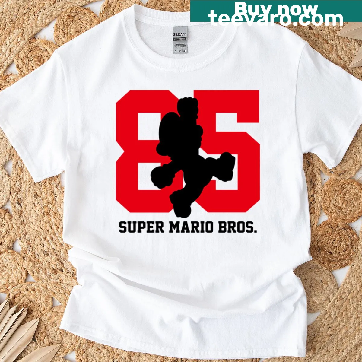 Silhouette of Mario with a red block in collegiate style — on a men's t-shirt