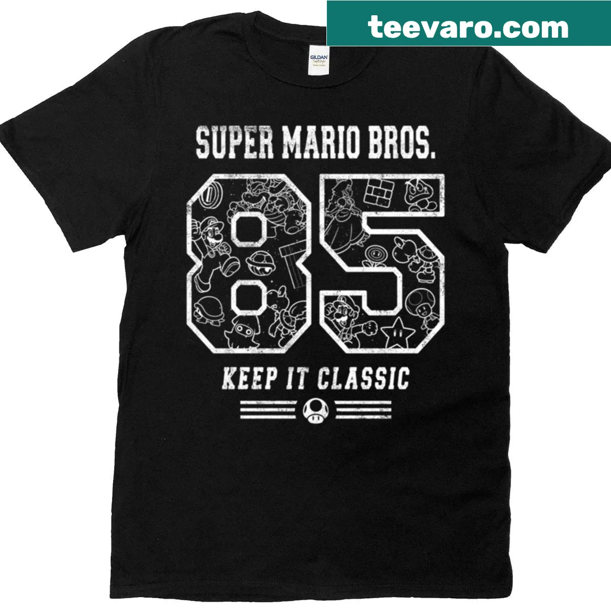Playful collage T-shirt featuring Super Mario Bros elements — on a men's t-shirt