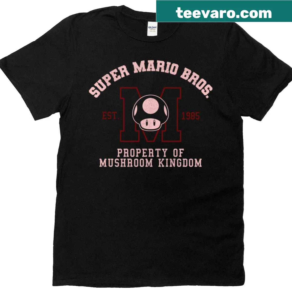 Collegiate t-shirt with Super Mario Bros Mushroom Kingdom graphic — on a men's t-shirt