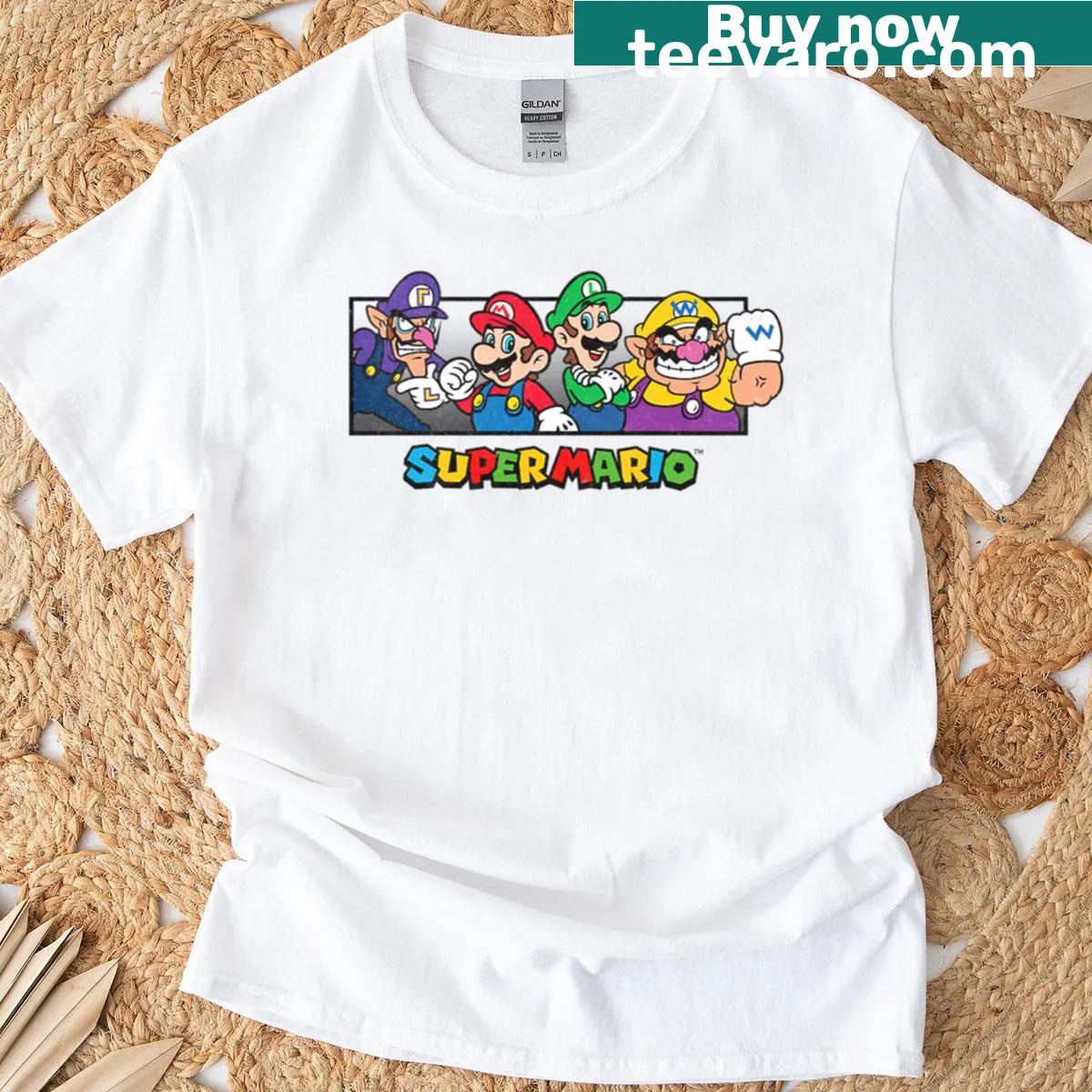 Retro gaming shirt featuring Mario, Luigi, Wario, and Waluigi — on a men's t-shirt