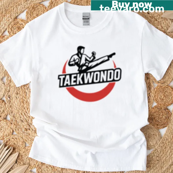 Taekwondo high kick design T-shirt featuring a fighter in action