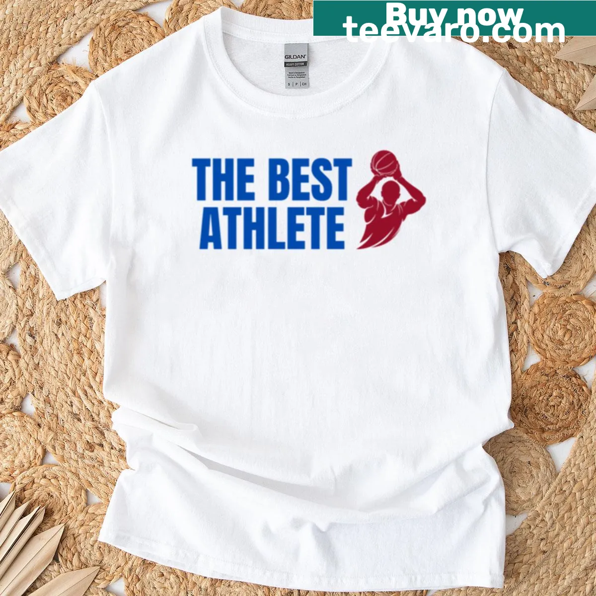 Badge-emblem style basketball athlete graphic t-shirt — on a men's t-shirt