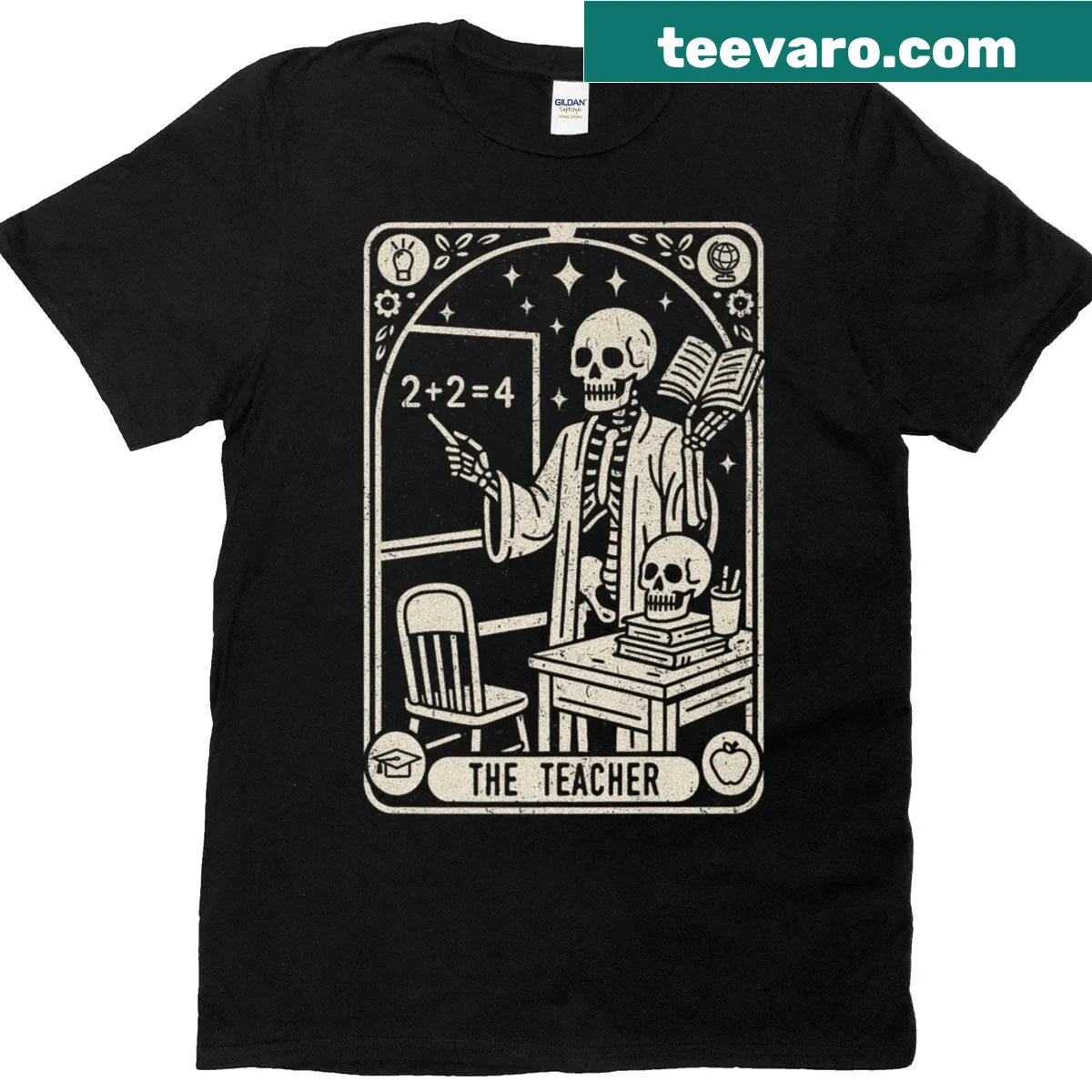 Teacher skeleton graphic on a gothic Halloween t-shirt — on a men's t-shirt