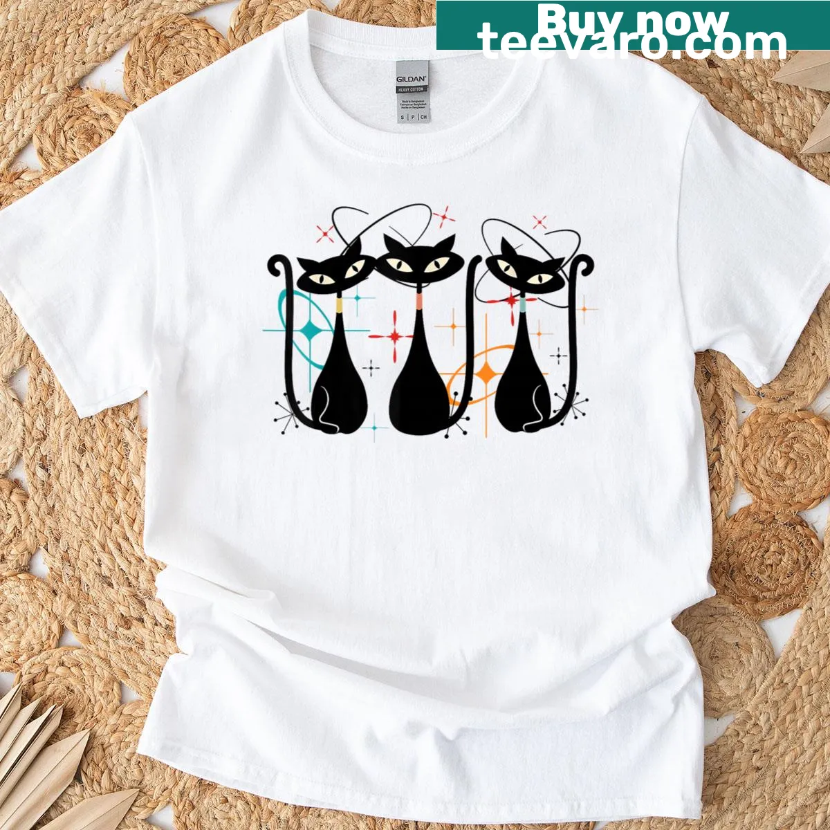 Retro T-shirt featuring three cats in mid-century design — on a men's t-shirt