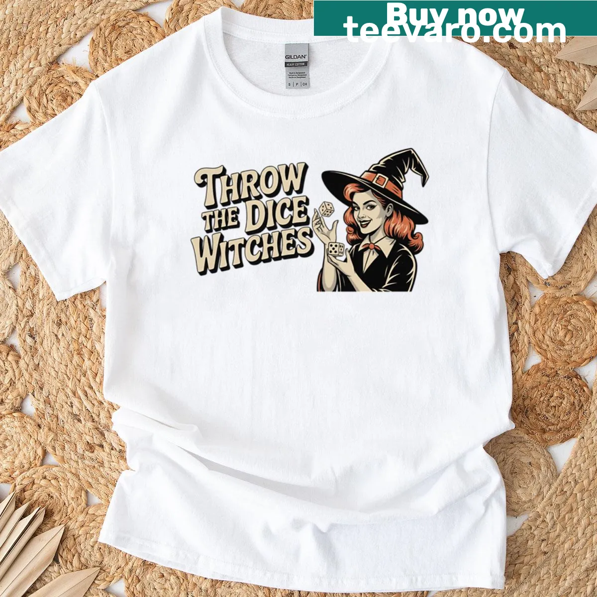 Whimsical Throw The Dice Witches t-shirt for gaming fans — on a men's t-shirt