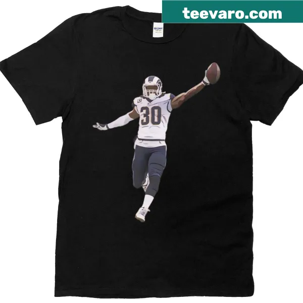 T-shirt featuring Todd Gurley graphic with Rams touchdown theme.