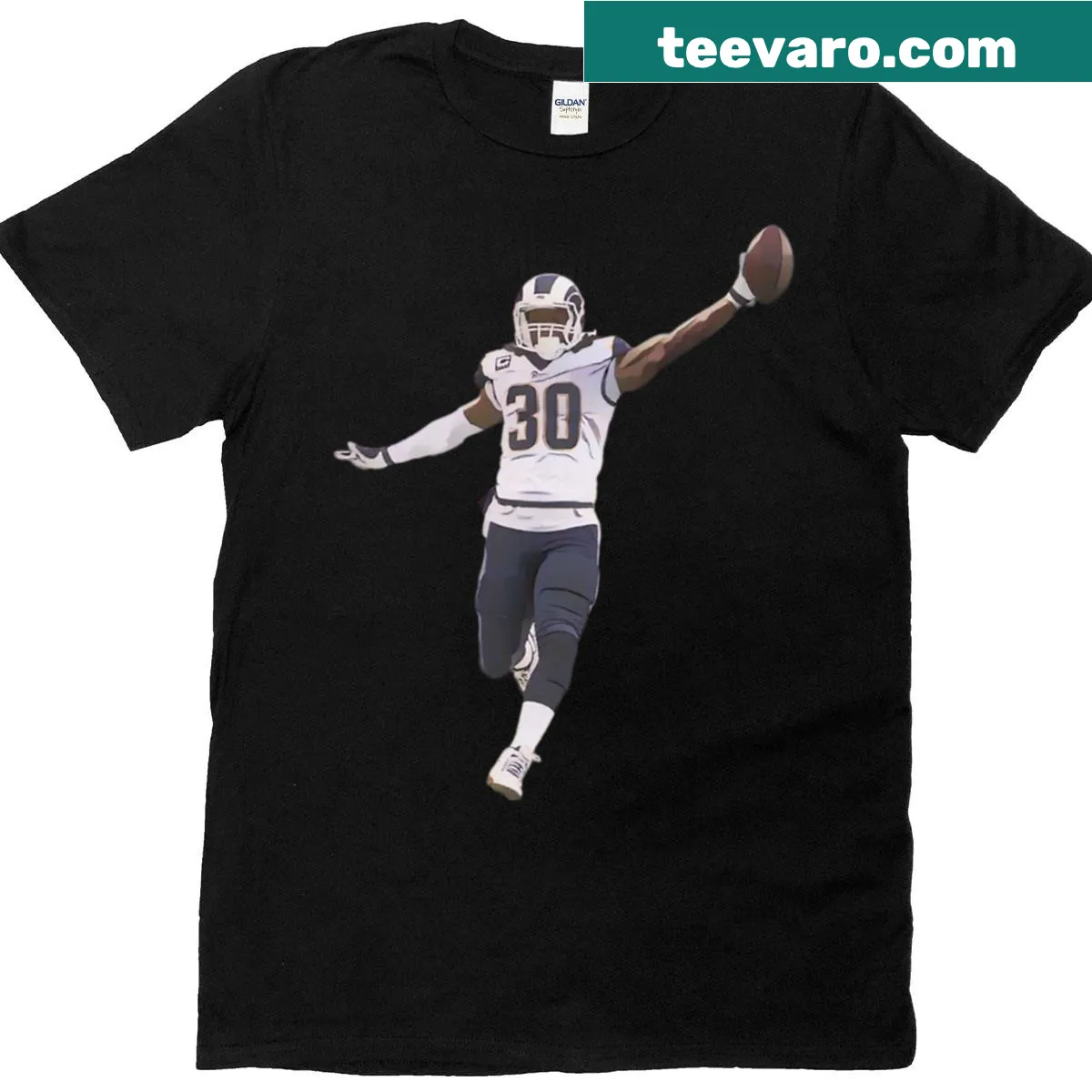T-shirt featuring Todd Gurley graphic with Rams touchdown theme. — on a men's t-shirt